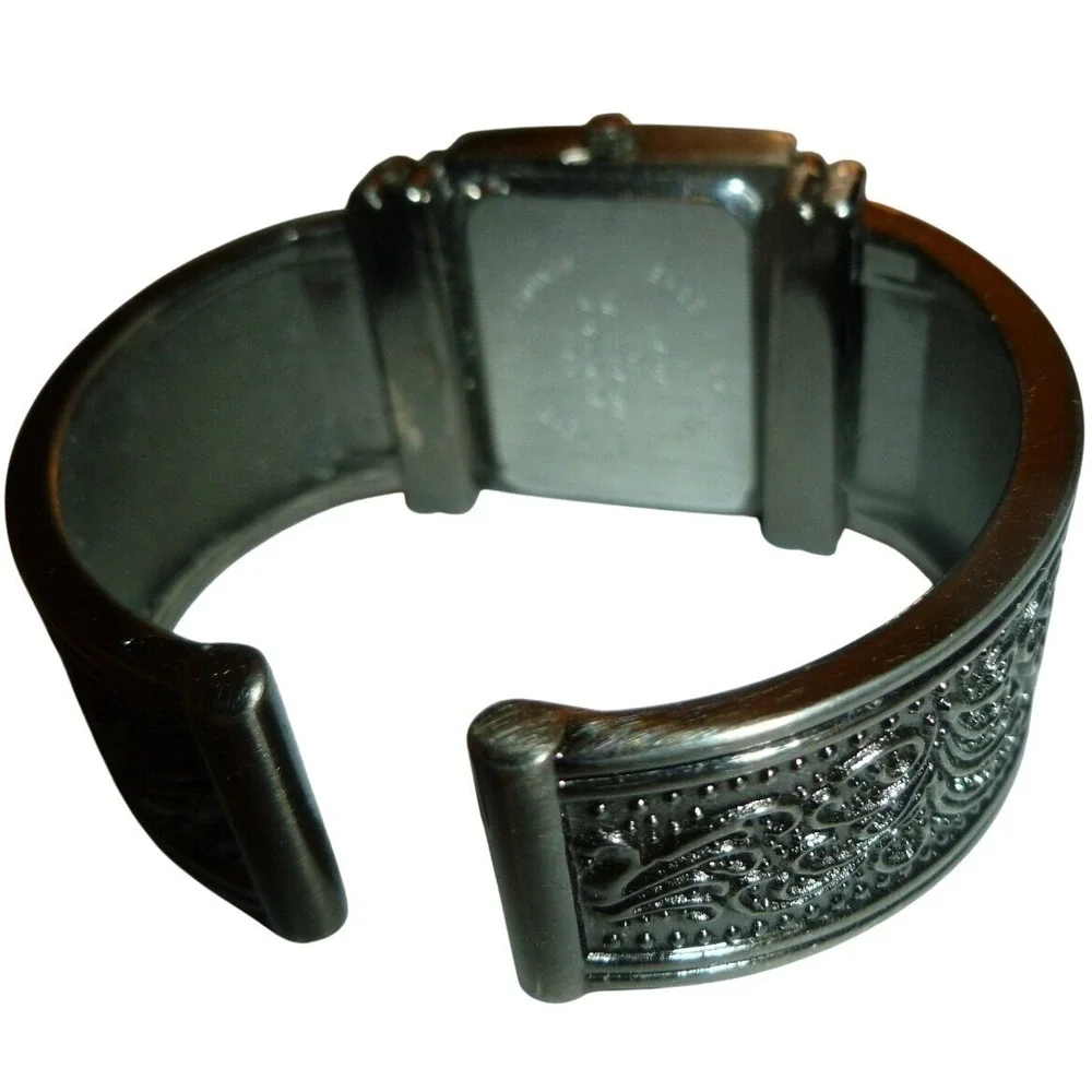 Silver Tone Filigree Cuff Bangle Watch Black Roman Numeral‎ Dial Jewelry